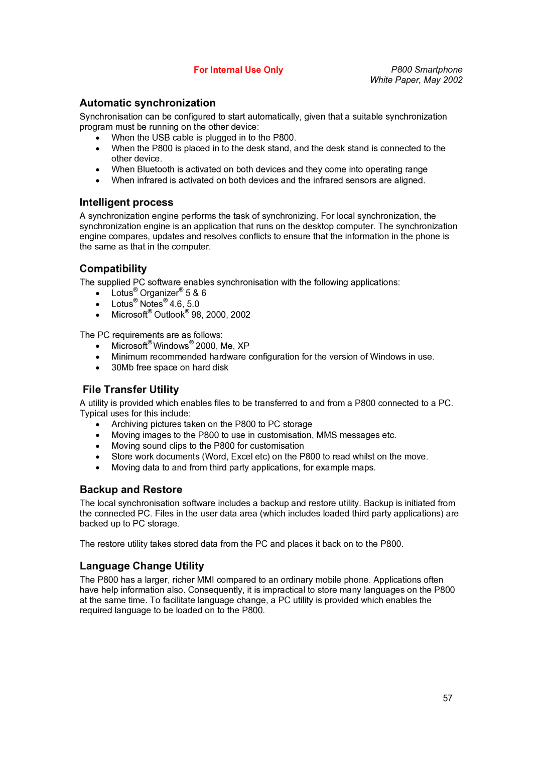 Sony Ericsson P802 manual Automatic synchronization, Intelligent process, Compatibility, File Transfer Utility 