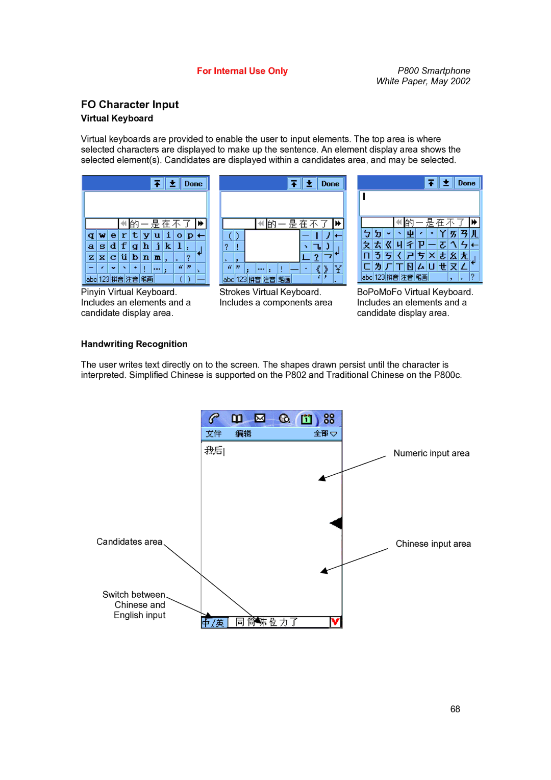 Sony Ericsson P802 manual FO Character Input, Virtual Keyboard, Handwriting Recognition 