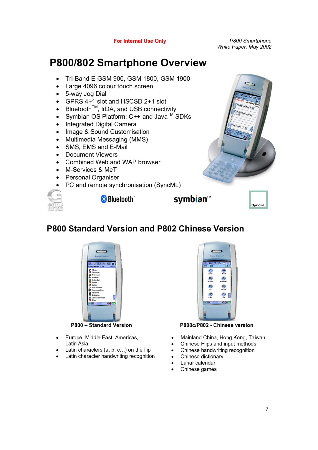 Sony Ericsson manual P800/802 Smartphone Overview, P800 Standard Version and P802 Chinese Version 