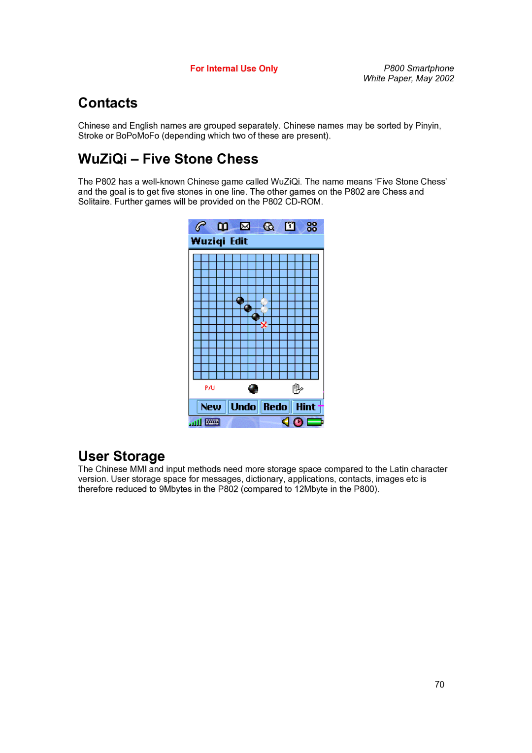 Sony Ericsson P802 manual Contacts, WuZiQi Five Stone Chess 