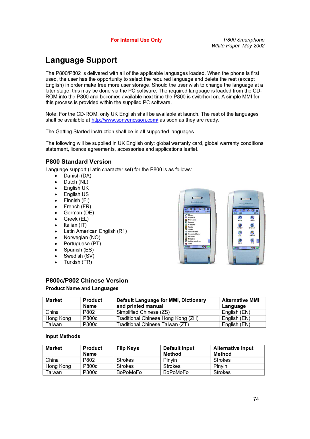 Sony Ericsson manual Language Support, P800 Standard Version, P800c/P802 Chinese Version 