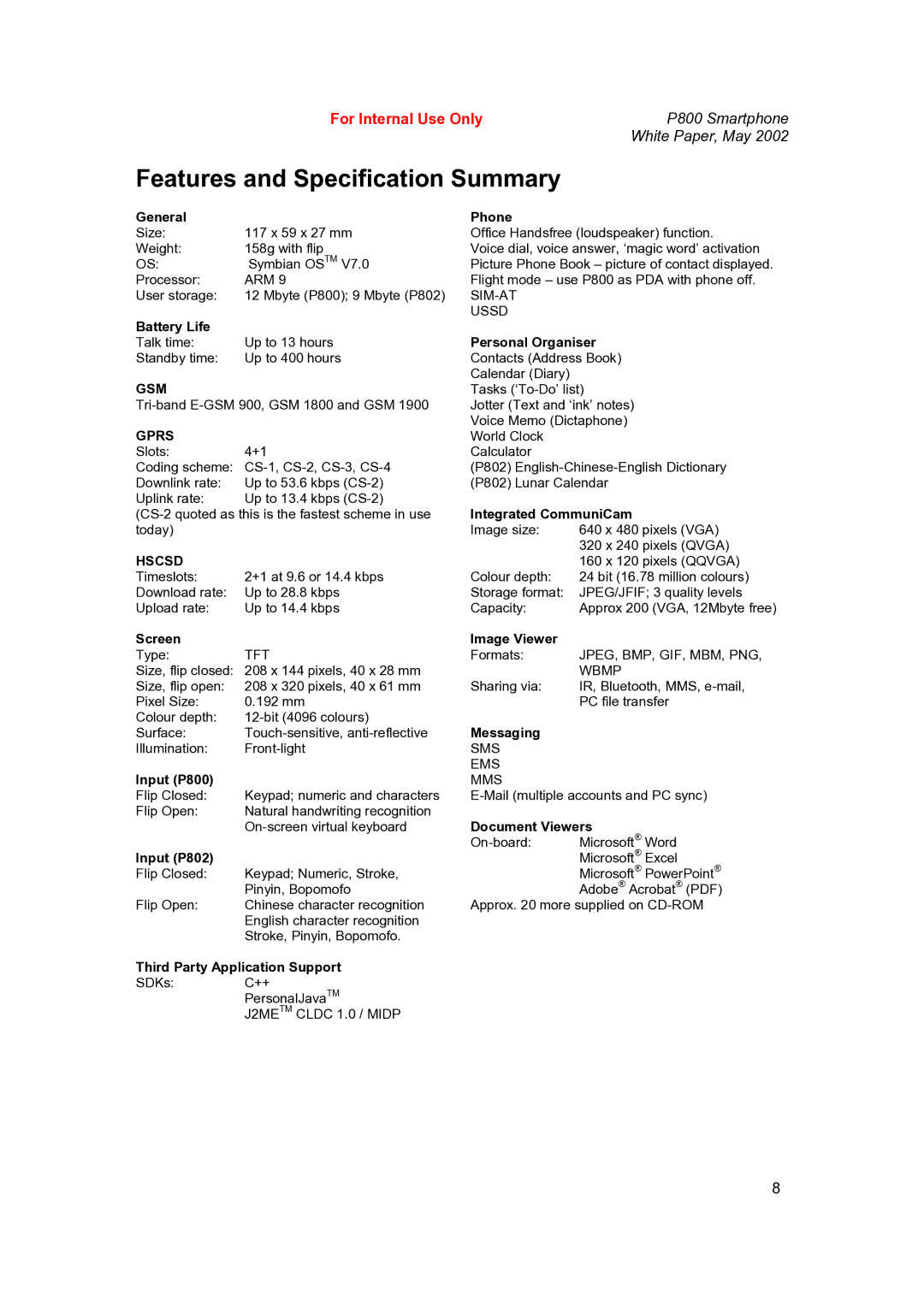 Sony Ericsson P802 manual Features and Specification Summary, General 