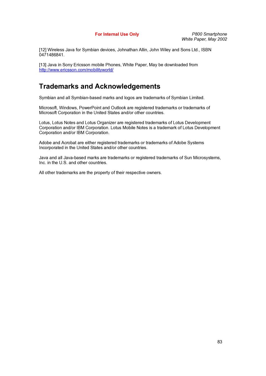 Sony Ericsson P802 manual Trademarks and Acknowledgements 