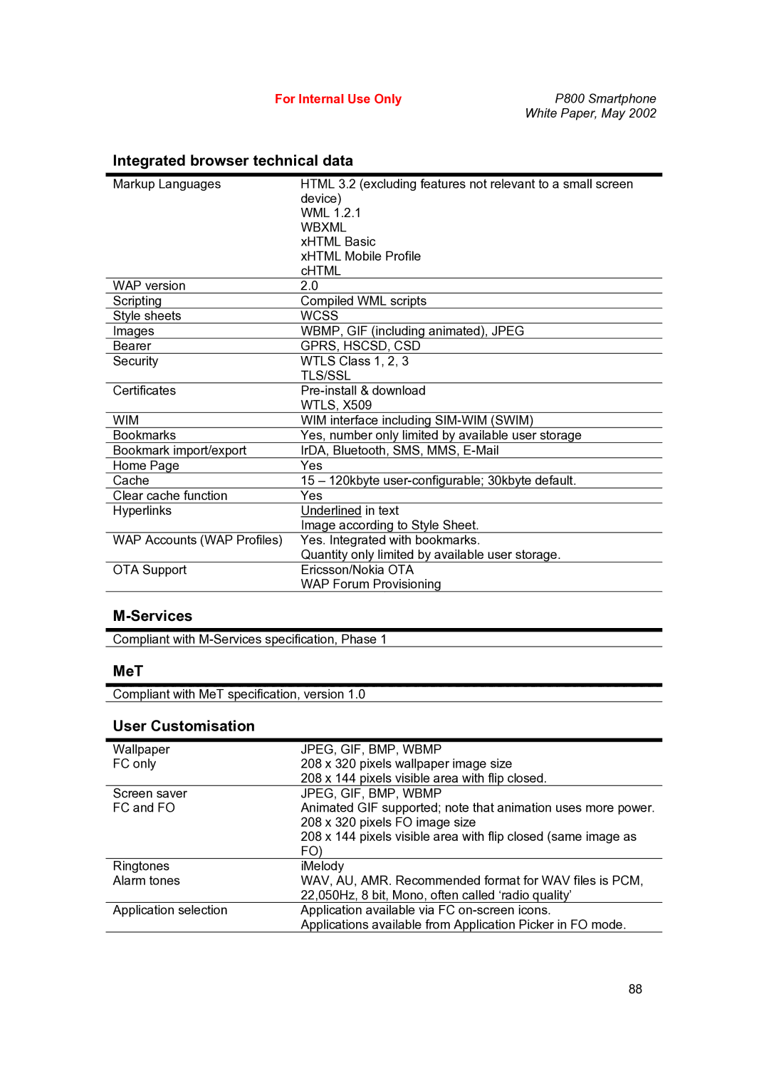 Sony Ericsson P802 manual Integrated browser technical data, Services, MeT, User Customisation 