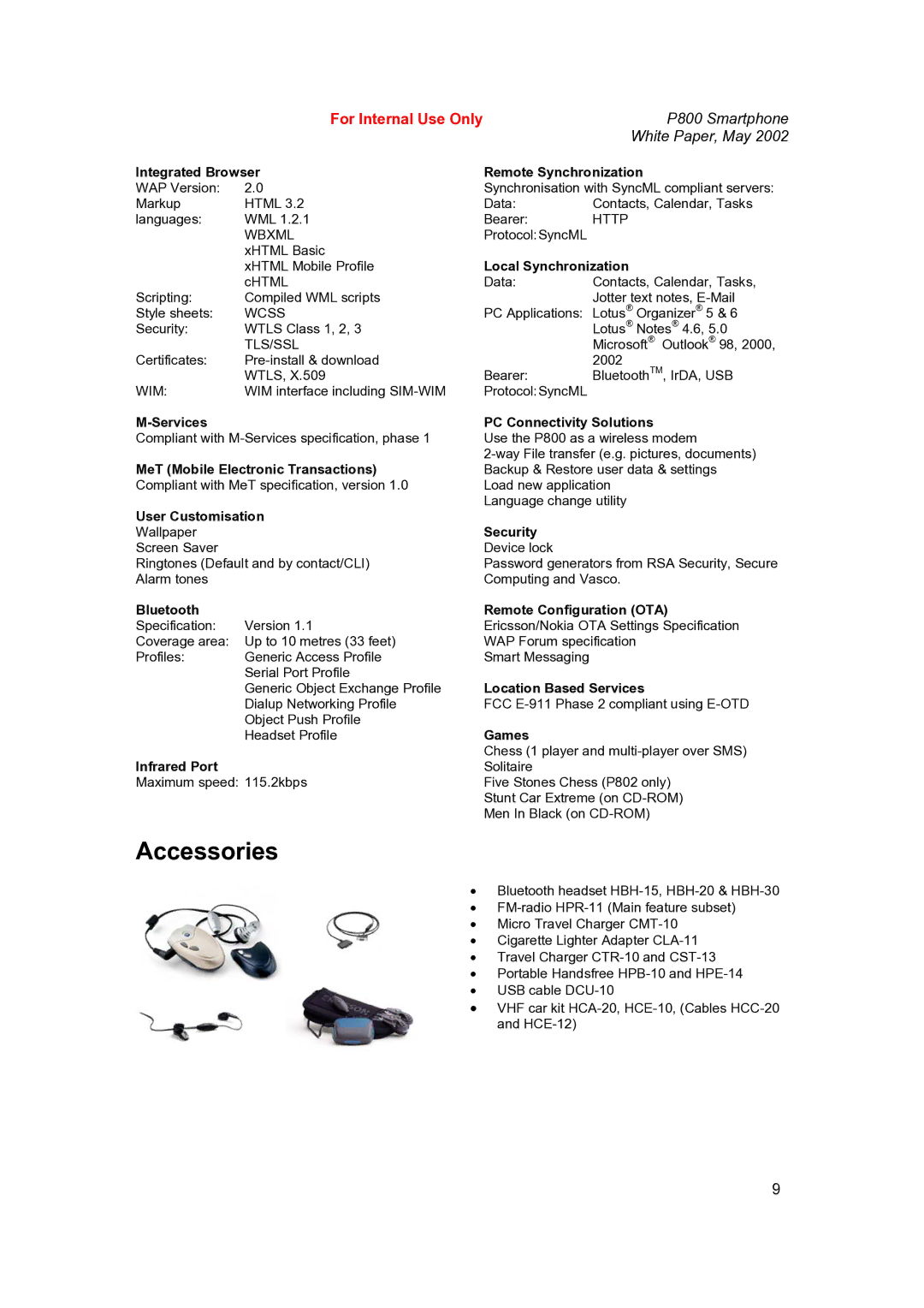 Sony Ericsson P802 manual Accessories, Integrated Browser 