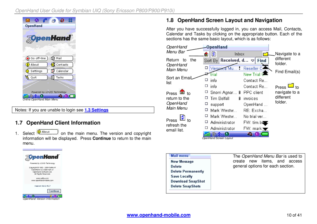 Sony Ericsson P800, P900, P910i manual OpenHand Client Information, OpenHand Screen Layout and Navigation 