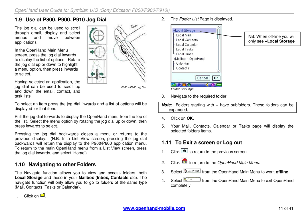 Sony Ericsson P910i manual Use of P800, P900, P910 Jog Dial, To Exit a screen or Log out, Navigating to other Folders 