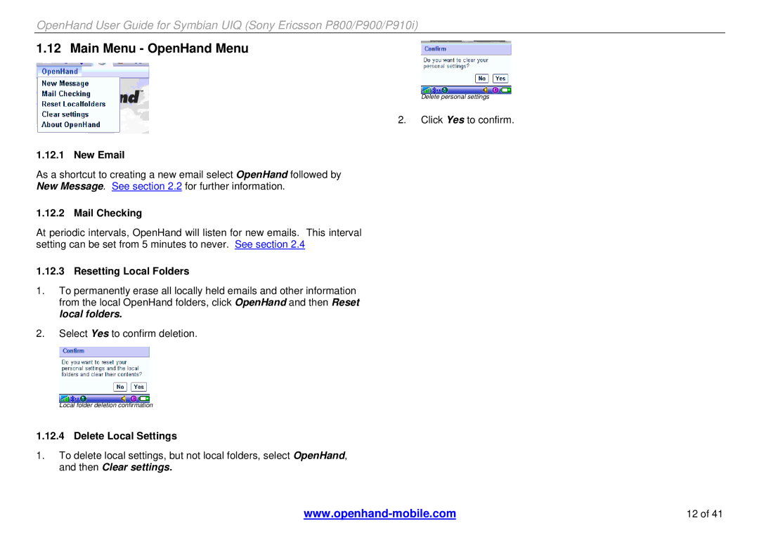 Sony Ericsson P900, P800 Main Menu OpenHand Menu, New Email, Mail Checking, Resetting Local Folders, Delete Local Settings 