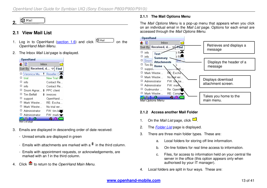 Sony Ericsson P800, P900, P910i manual View Mail List, Mail Options Menu, Access another Mail Folder 