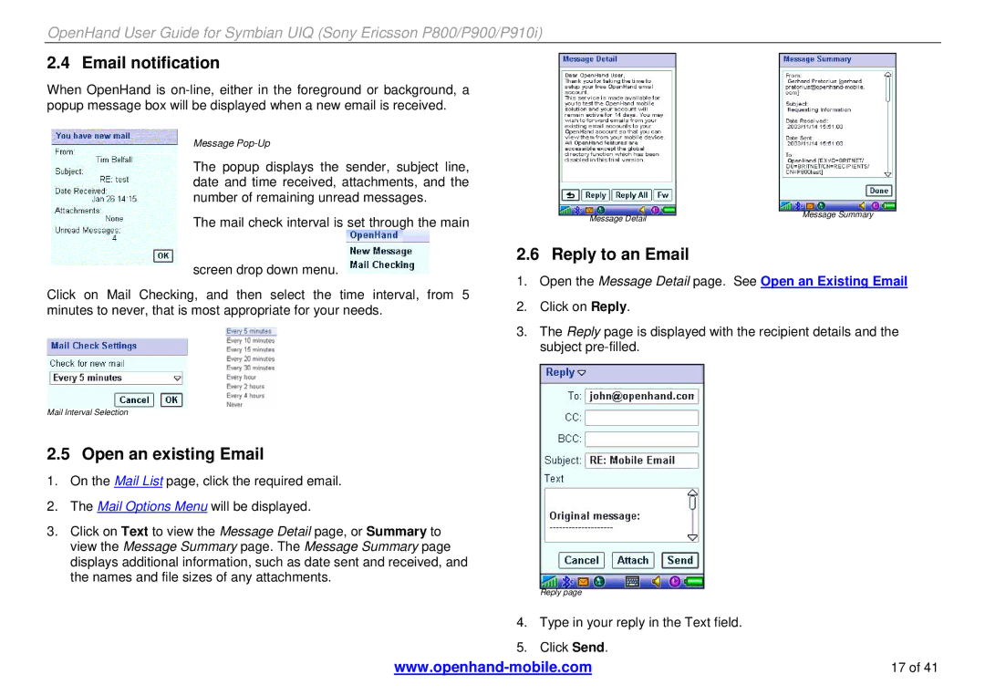 Sony Ericsson P910i, P900, P800 manual Email notification, Reply to an Email, Open an existing Email 