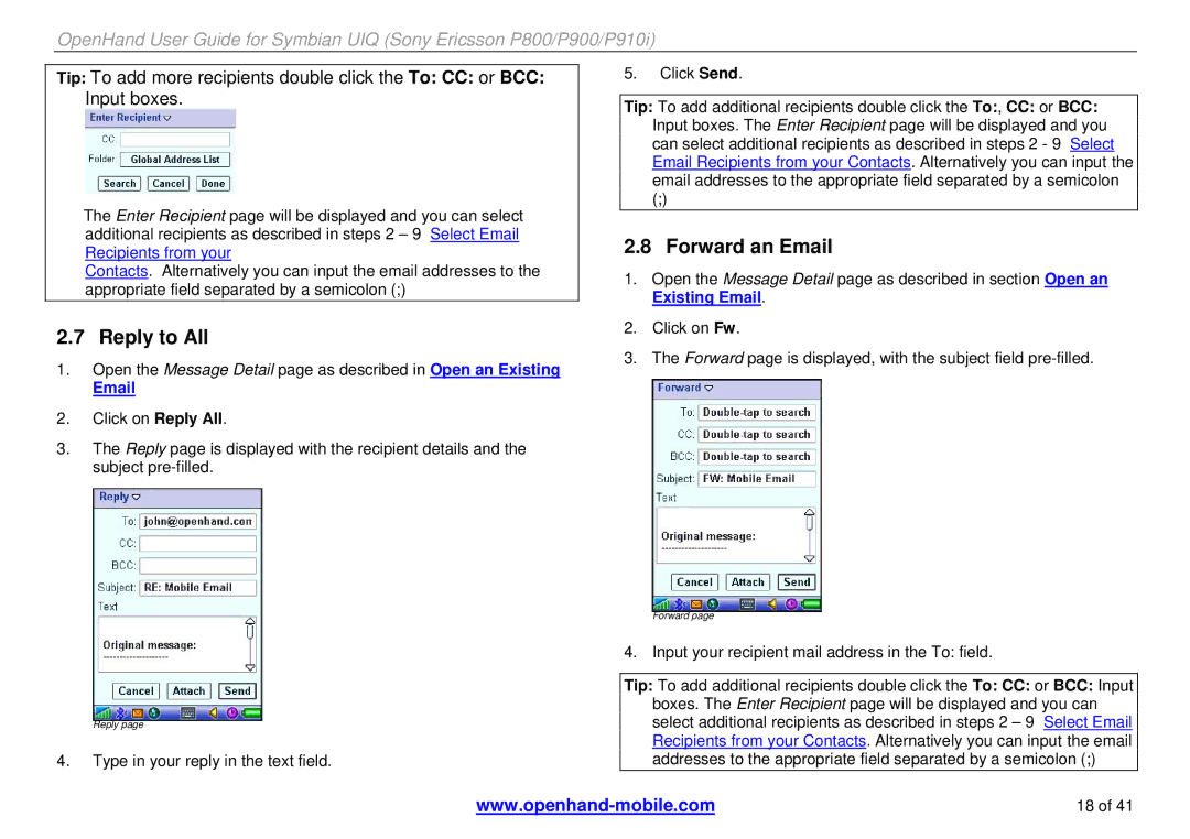 Sony Ericsson P900, P800, P910i manual Reply to All, Forward an Email 