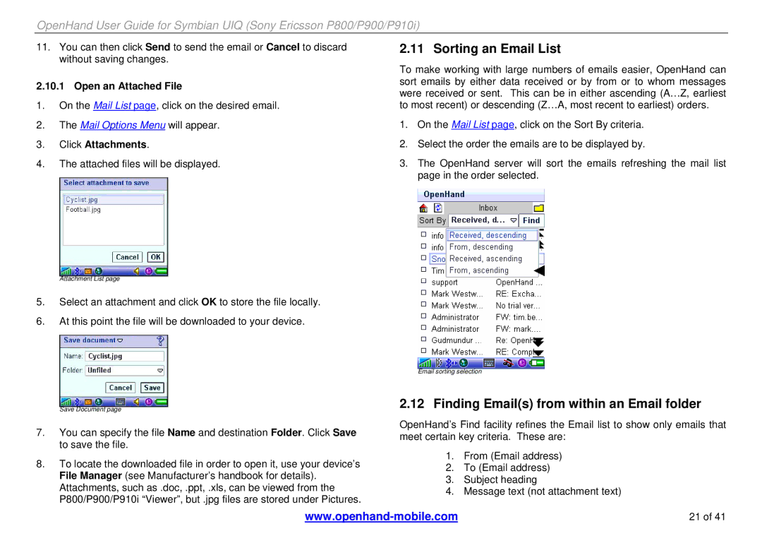 Sony Ericsson P900, P800, P910i Sorting an Email List, Finding Emails from within an Email folder, Open an Attached File 