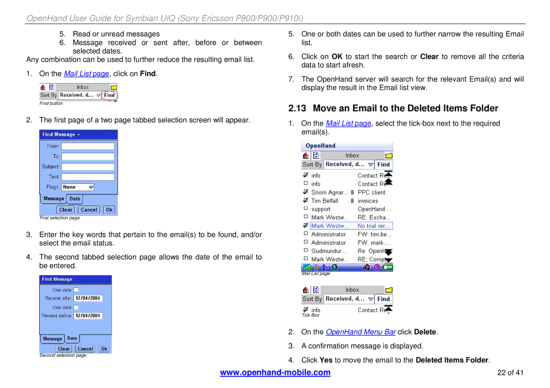 Sony Ericsson P800, P900, P910i manual Move an Email to the Deleted Items Folder 