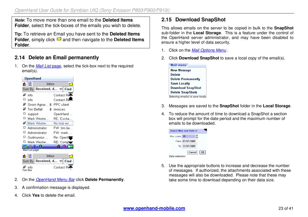 Sony Ericsson P910i Delete an Email permanently, Download SnapShot, On the OpenHand Menu Bar click Delete Permanently 