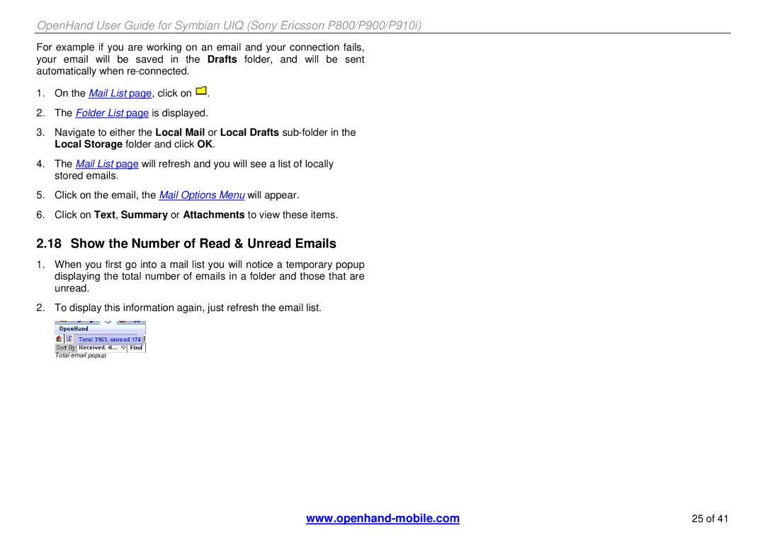 Sony Ericsson P800, P900, P910i manual Show the Number of Read & Unread Emails 