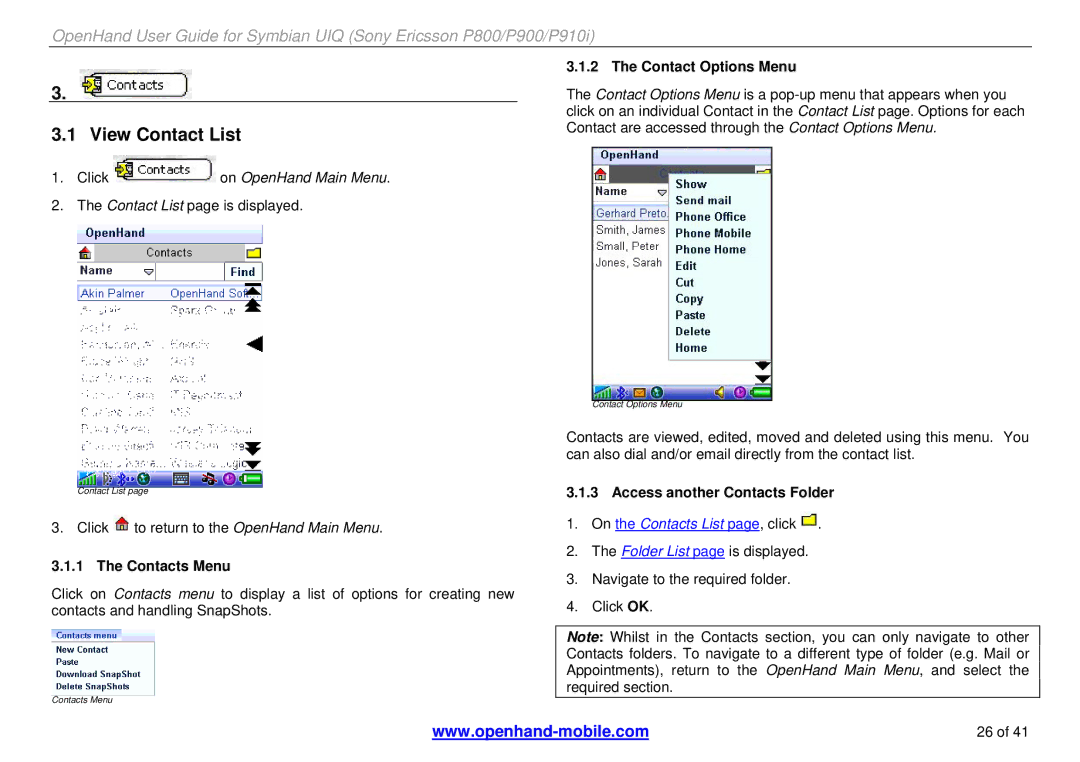Sony Ericsson P910i, P900, P800 manual View Contact List, Contact Options Menu, Contacts Menu, Access another Contacts Folder 