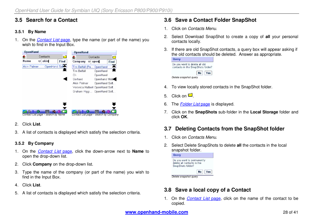 Sony Ericsson P800, P900 Search for a Contact, Save a Contact Folder SnapShot, Deleting Contacts from the SnapShot folder 