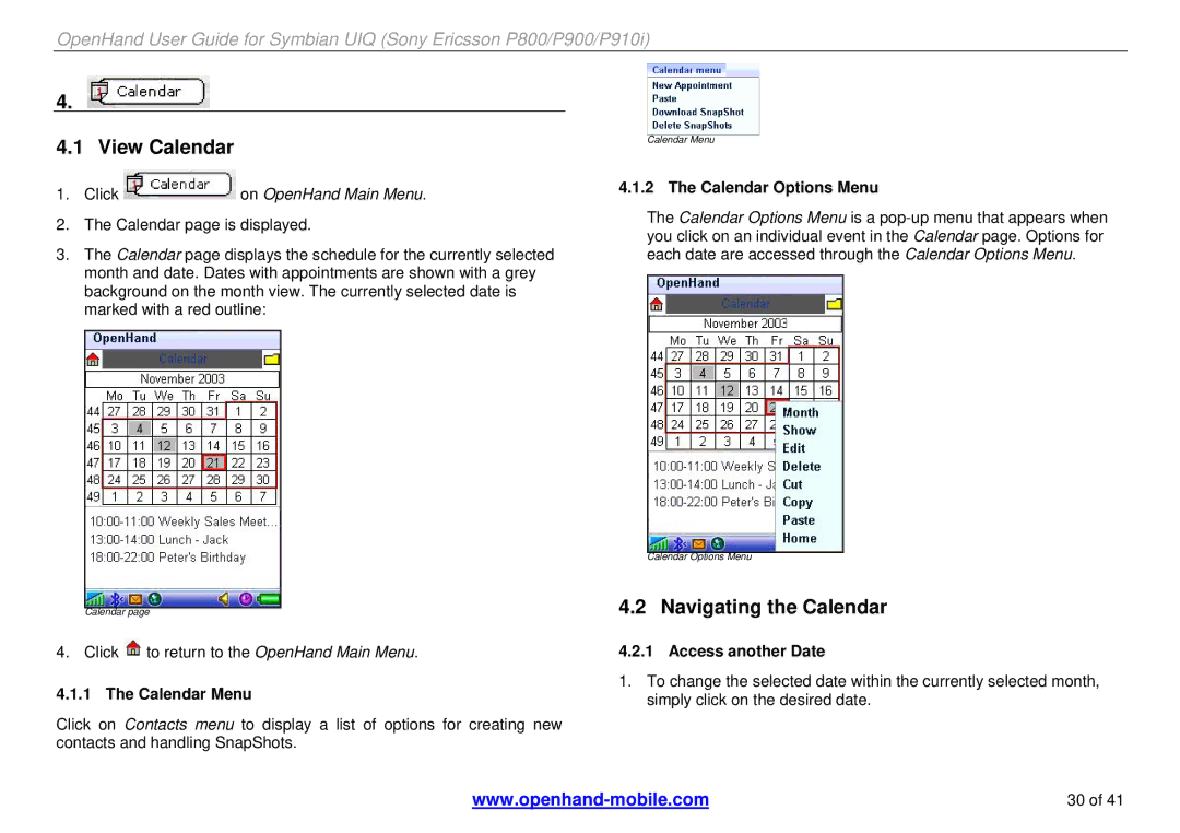 Sony Ericsson P900, P800 View Calendar, Navigating the Calendar, Calendar Menu, Calendar Options Menu, Access another Date 