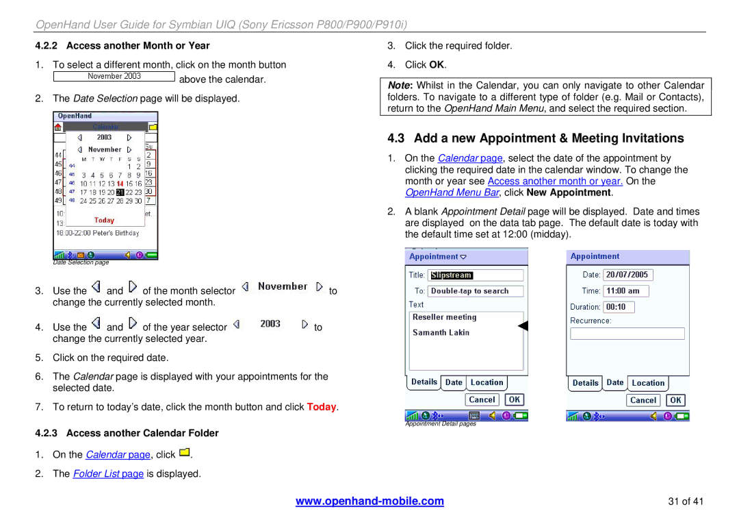 Sony Ericsson P800, P900, P910i manual Add a new Appointment & Meeting Invitations, Access another Month or Year 