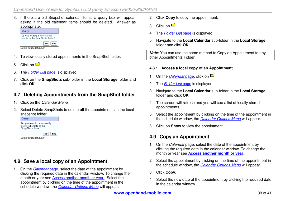 Sony Ericsson P900, P800, P910i manual Deleting Appointments from the SnapShot folder, Copy an Appointment 