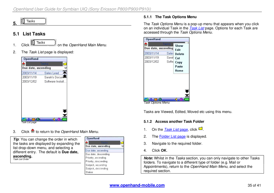 Sony Ericsson P910i, P900, P800 manual List Tasks, Task Options Menu, Access another Task Folder 