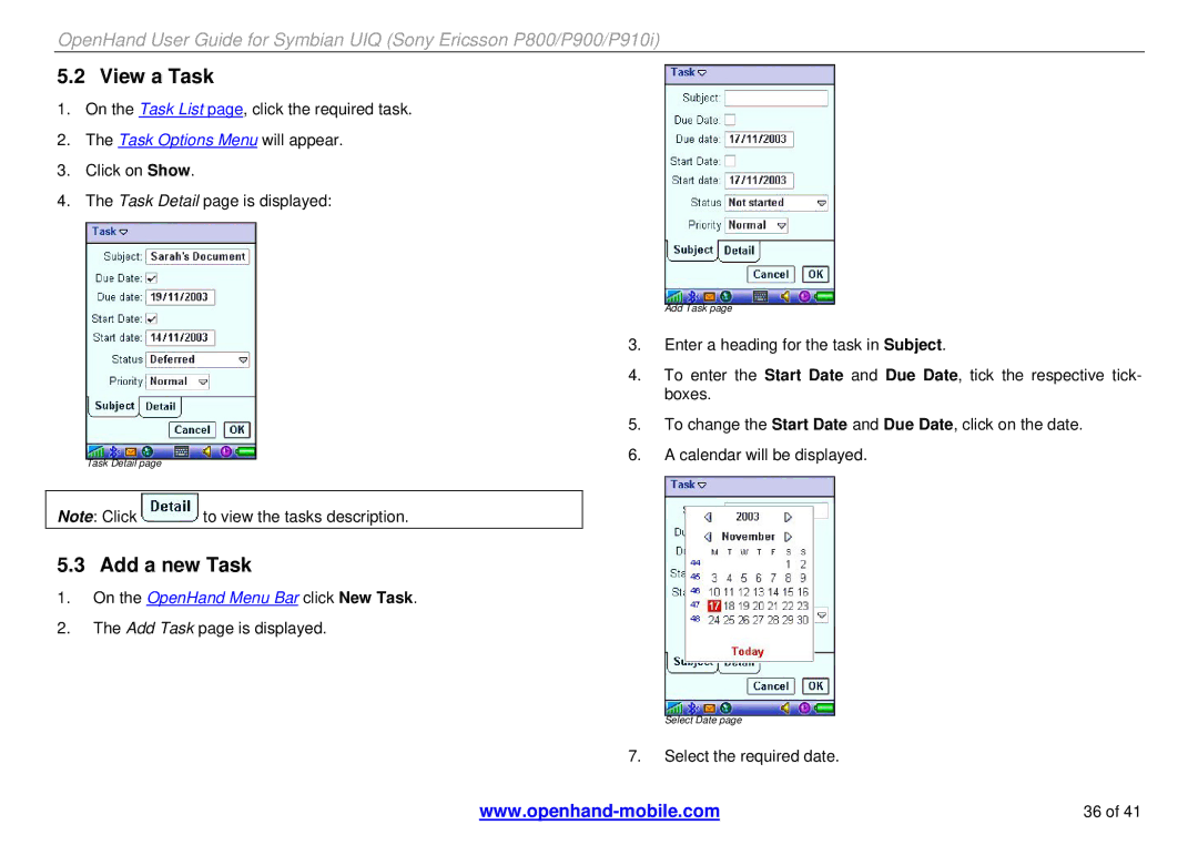 Sony Ericsson P900, P800, P910i manual View a Task, Add a new Task 