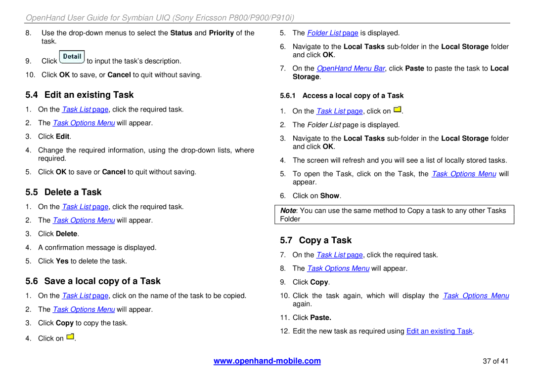 Sony Ericsson P800, P900, P910i manual Edit an existing Task, Delete a Task, Save a local copy of a Task, Copy a Task 