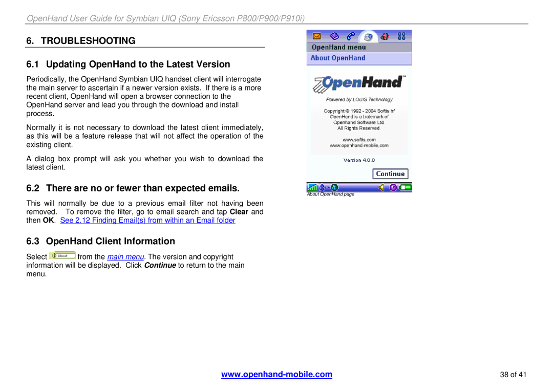 Sony Ericsson P910i, P900, P800 manual Updating OpenHand to the Latest Version, There are no or fewer than expected emails 