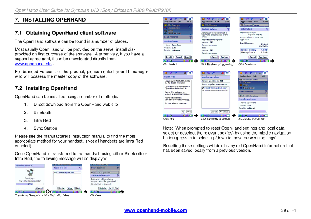 Sony Ericsson P900, P800, P910i manual Installing Openhand, Obtaining OpenHand client software 