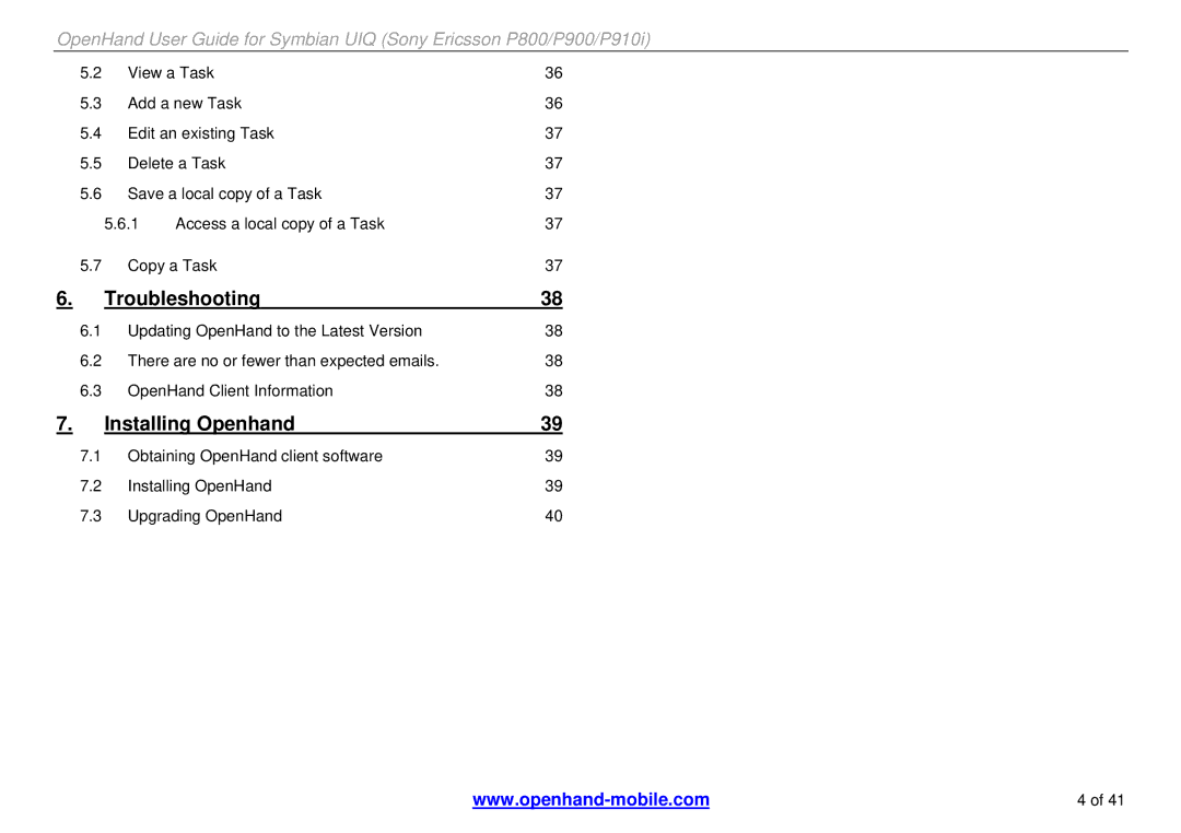 Sony Ericsson P800, P900, P910i manual Troubleshooting, Installing Openhand 