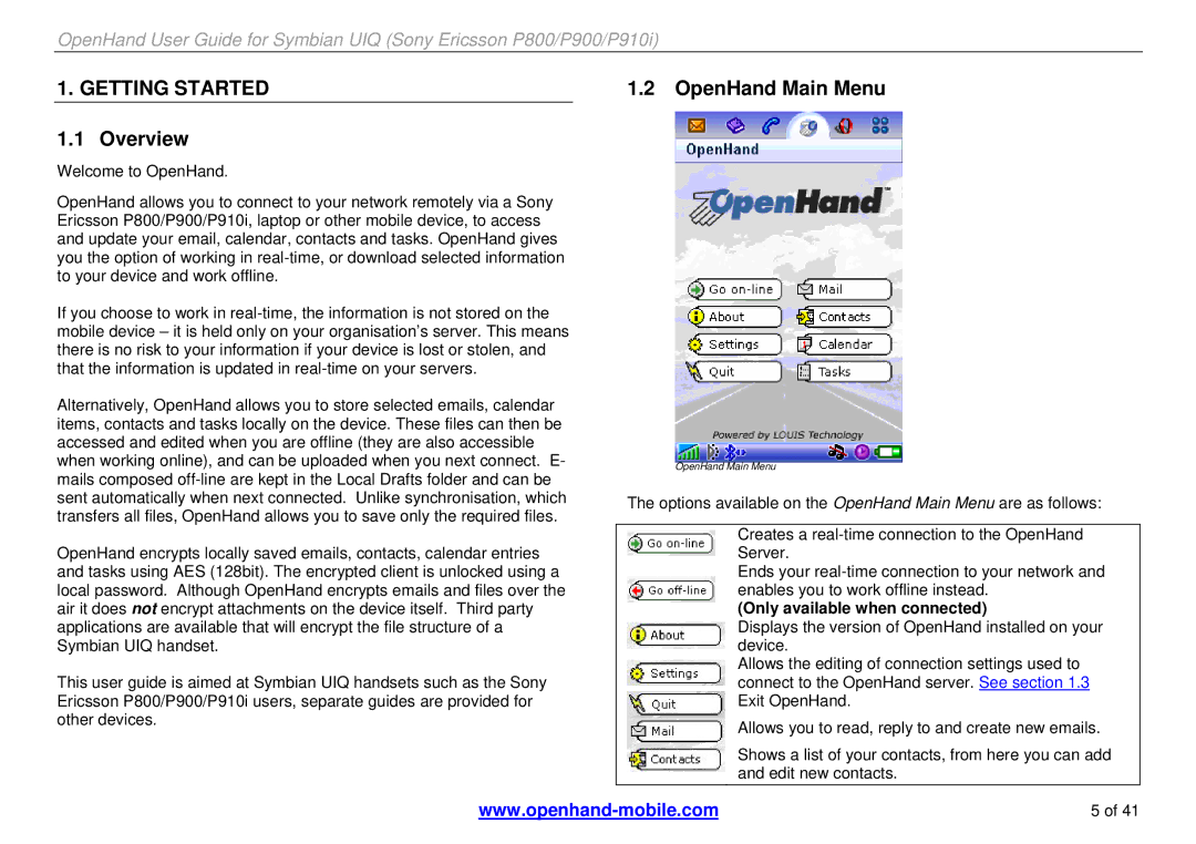 Sony Ericsson P910i, P900, P800 manual Overview, OpenHand Main Menu, Only available when connected 