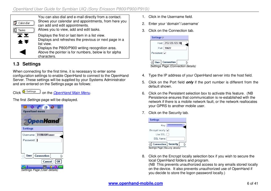 Sony Ericsson P900, P800, P910i manual Settings, Click on the OpenHand Main Menu 