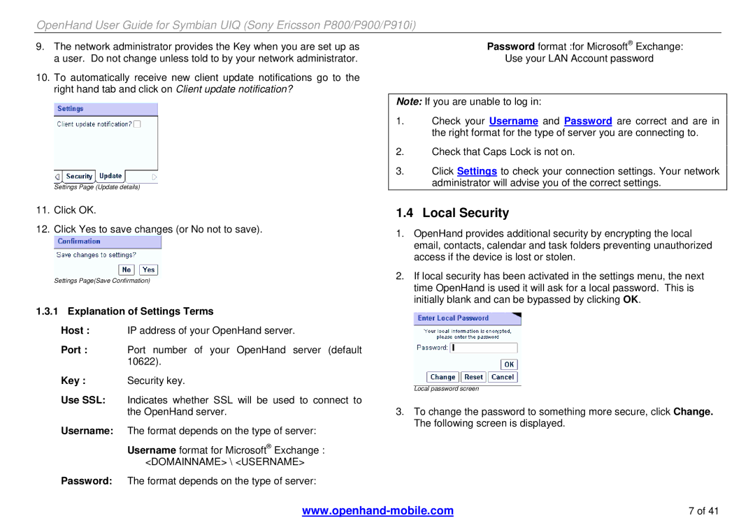 Sony Ericsson P800, P900, P910i manual Local Security, Explanation of Settings Terms, Key, Use SSL, Username 