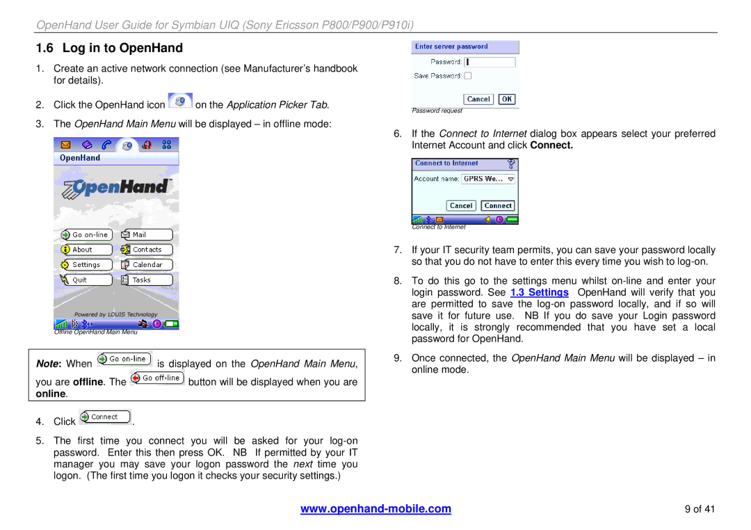 Sony Ericsson P900, P800, P910i manual Log in to OpenHand 