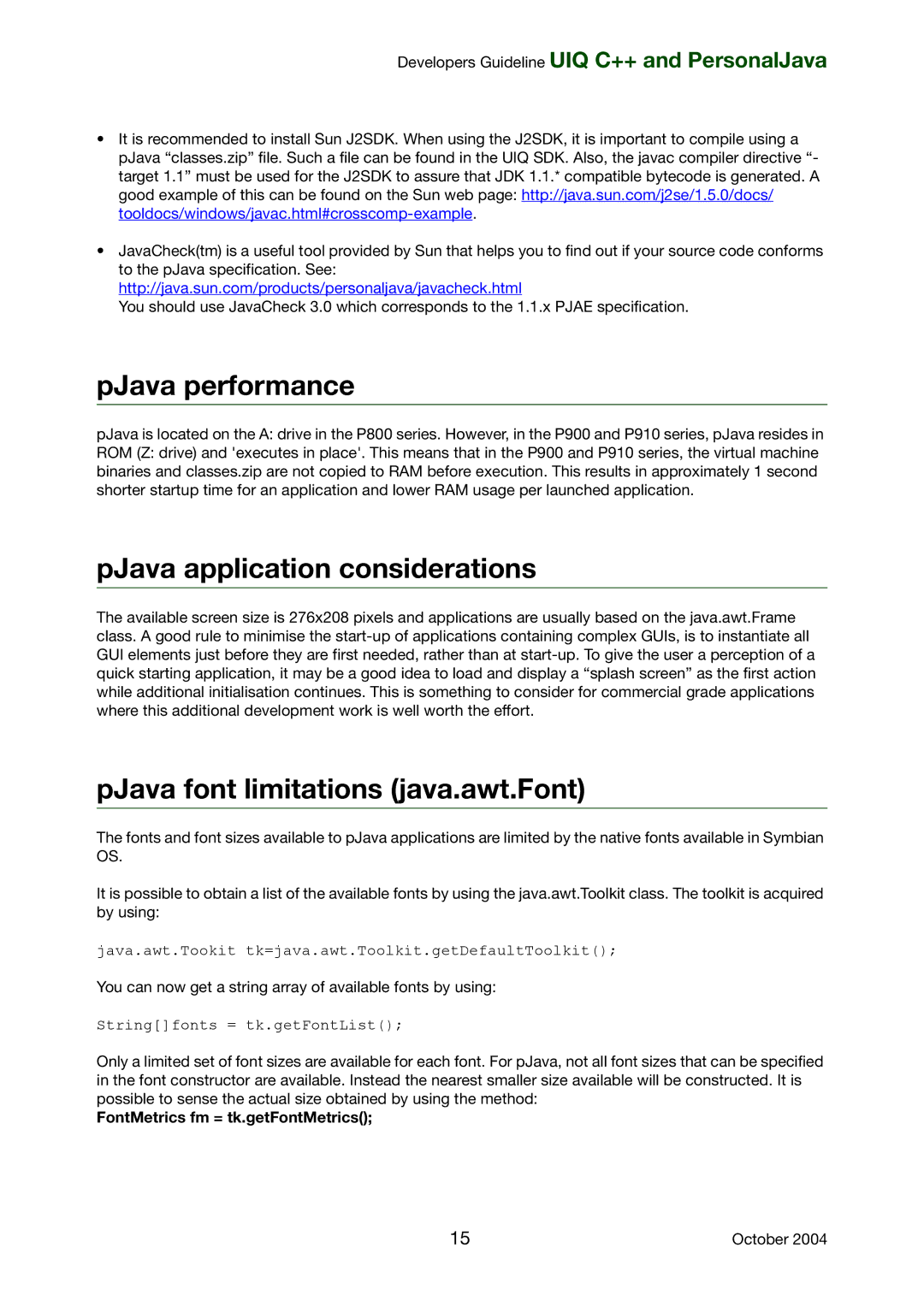 Sony Ericsson P800, P900 manual PJava performance, PJava application considerations, PJava font limitations java.awt.Font 