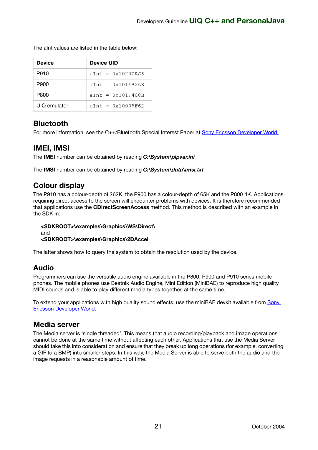 Sony Ericsson P800, P900 manual Bluetooth, Colour display, Audio, Media server, Device Device UID 