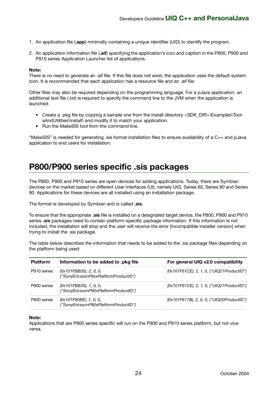 Sony Ericsson manual P800/P900 series specific .sis packages 