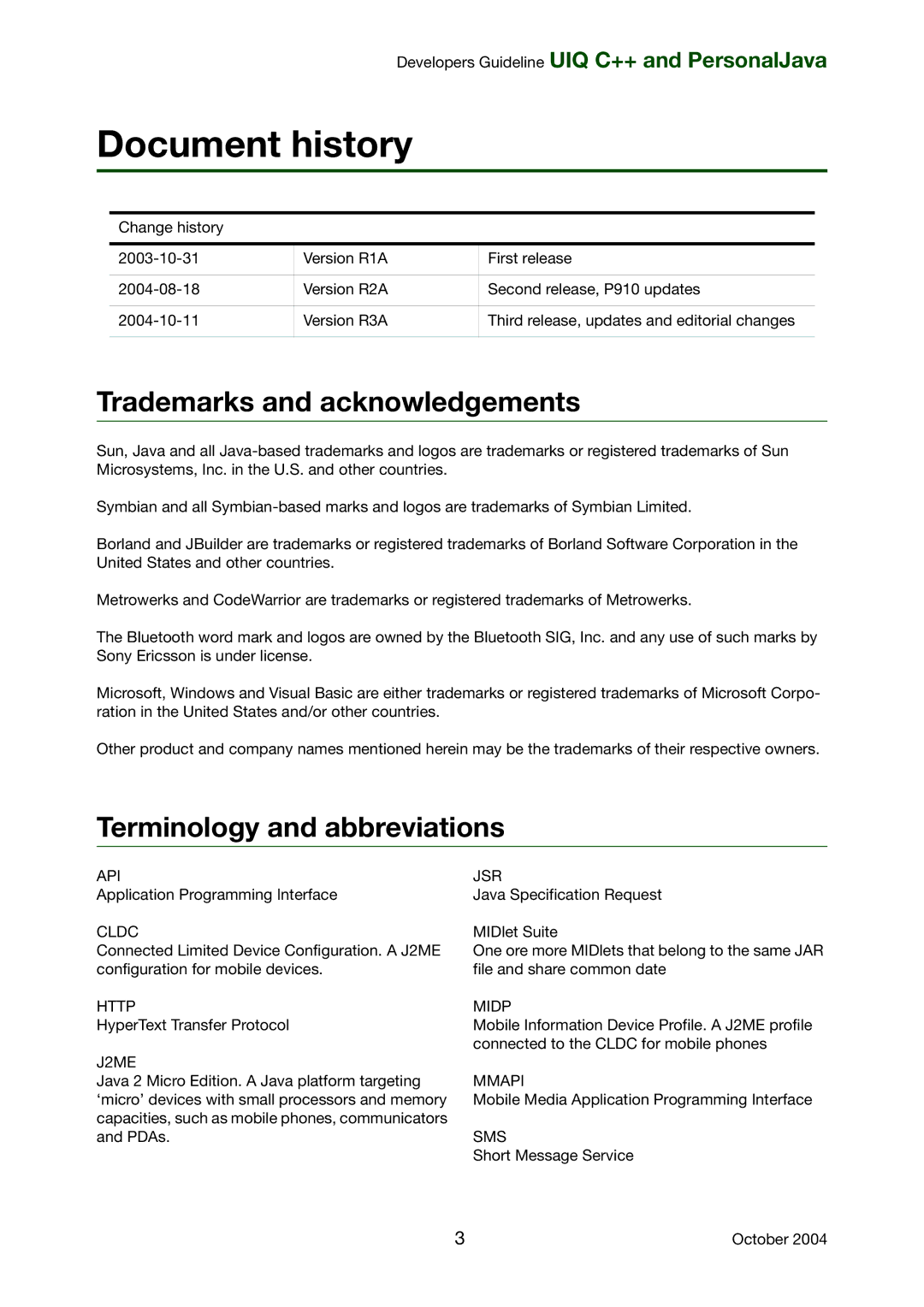 Sony Ericsson P800, P900 manual Document history, Trademarks and acknowledgements, Terminology and abbreviations 