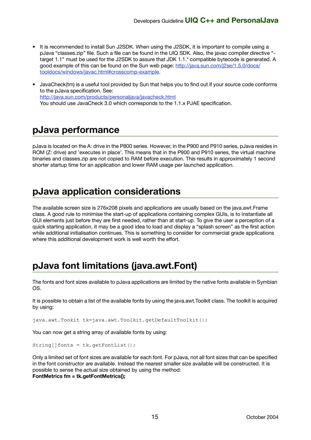 Sony Ericsson P800, P900 manual pJava performance, pJava application considerations, pJava font limitations java.awt.Font 