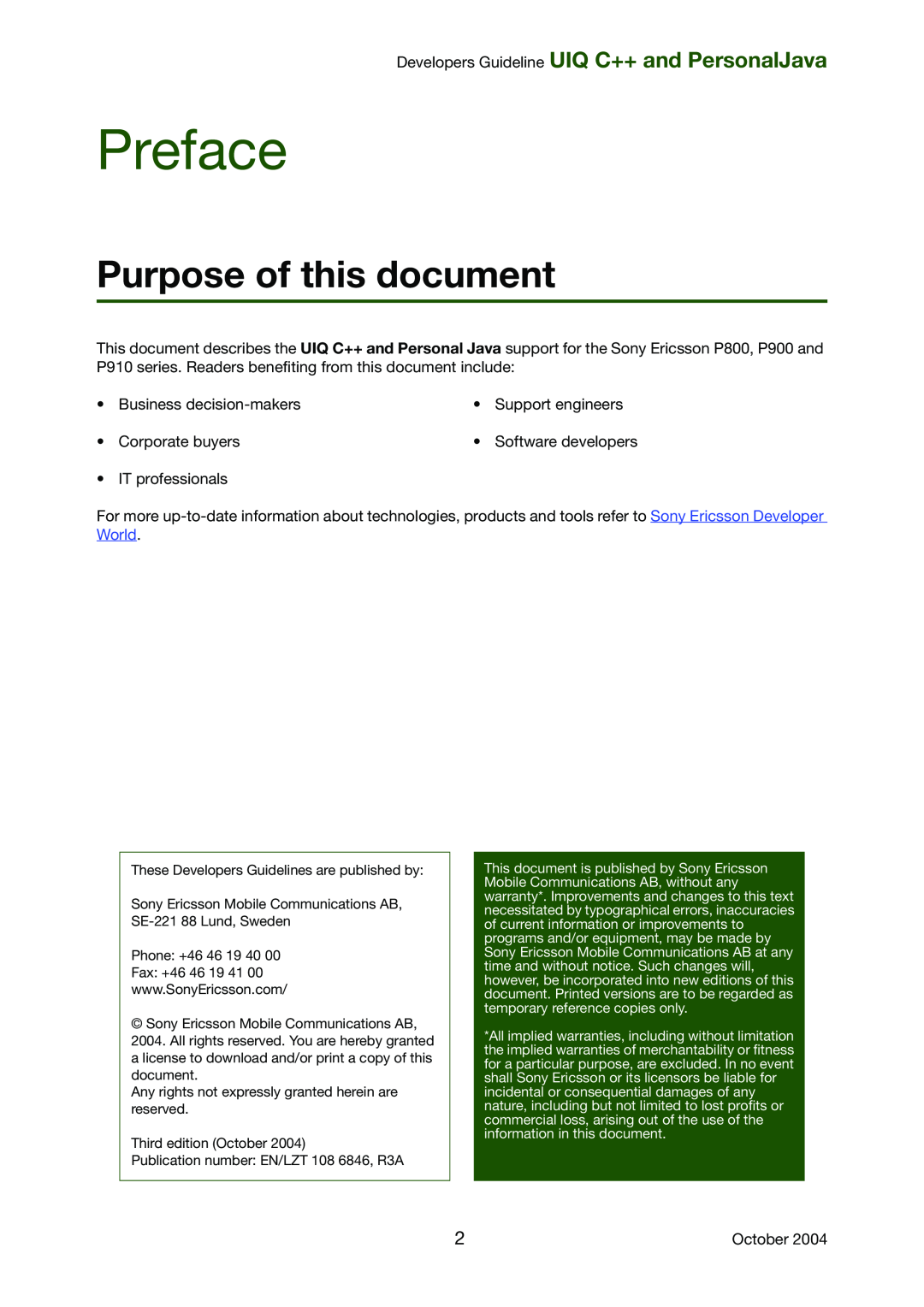 Sony Ericsson P900, P800 manual Preface, Purpose of this document, Developers Guideline UIQ C++ and PersonalJava 