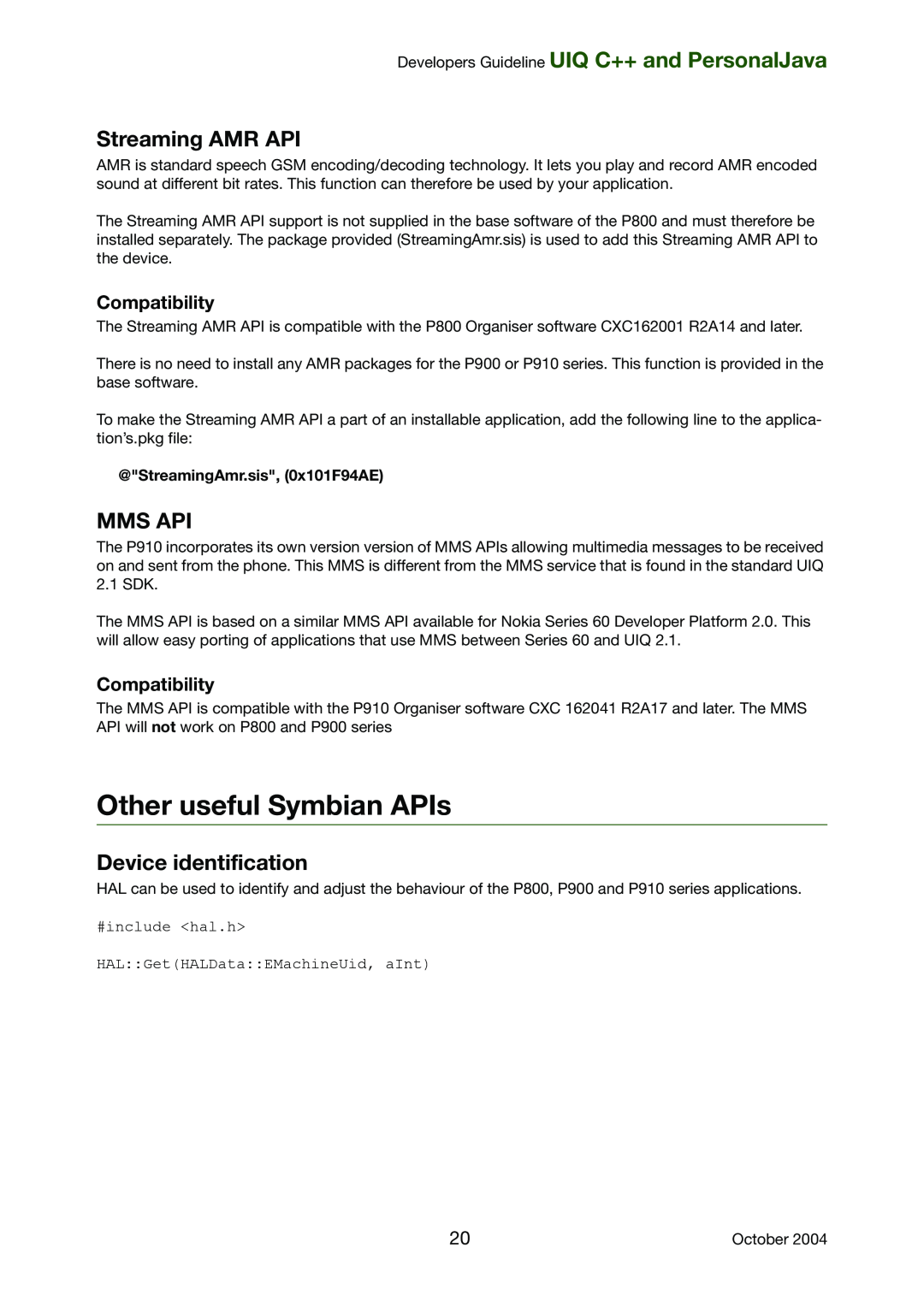 Sony Ericsson P900, P800 manual Other useful Symbian APIs, Streaming AMR API, Mms Api, Device identification, Compatibility 