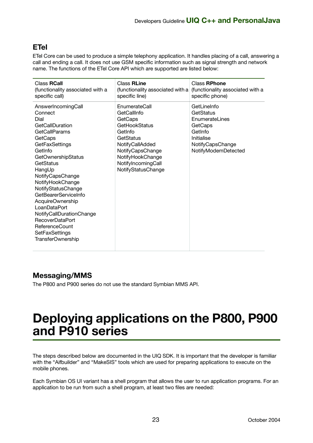 Sony Ericsson manual Deploying applications on the P800, P900 and P910 series, ETel, Messaging/MMS 