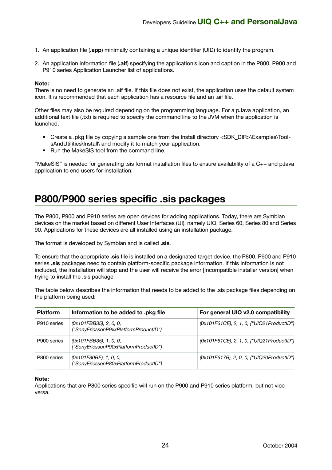 Sony Ericsson manual P800/P900 series specific .sis packages, Developers Guideline UIQ C++ and PersonalJava, Platform 