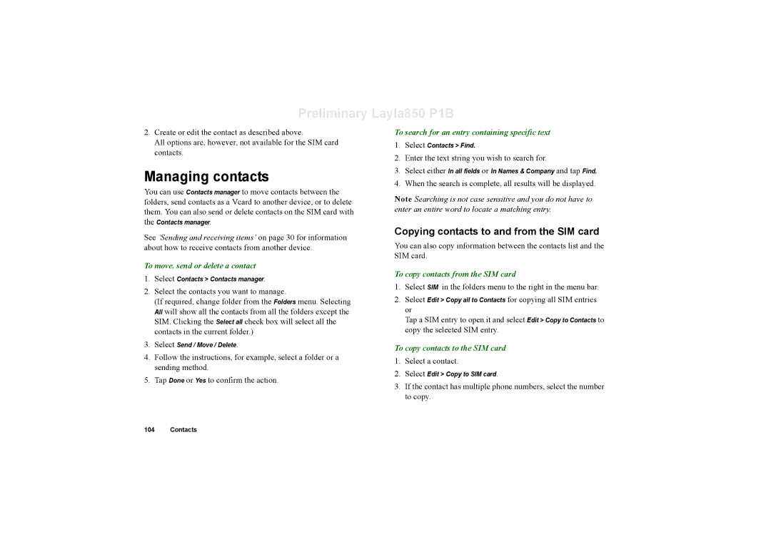 Sony Ericsson P910a manual Managing contacts, Copying contacts to and from the SIM card 