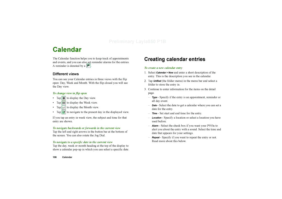 Sony Ericsson P910a manual Calendar, Creating calendar entries, Different views 