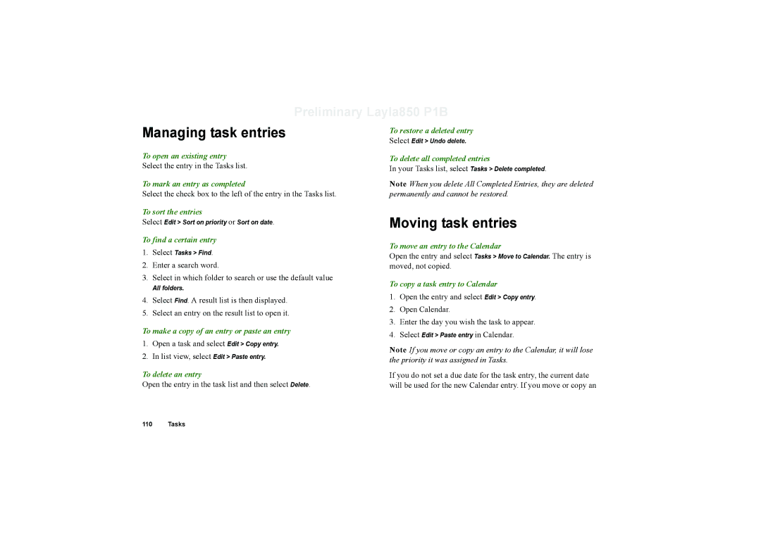 Sony Ericsson P910a manual Managing task entries, Moving task entries 