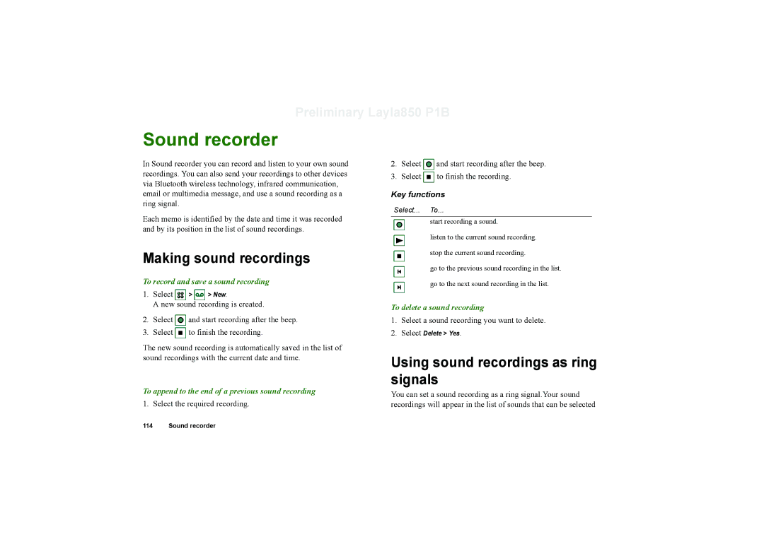 Sony Ericsson P910a manual Sound recorder, Making sound recordings, Using sound recordings as ring signals, Key functions 