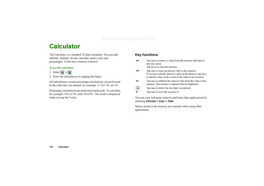 Sony Ericsson P910a manual Calculator, Key functions, To use the calculator 