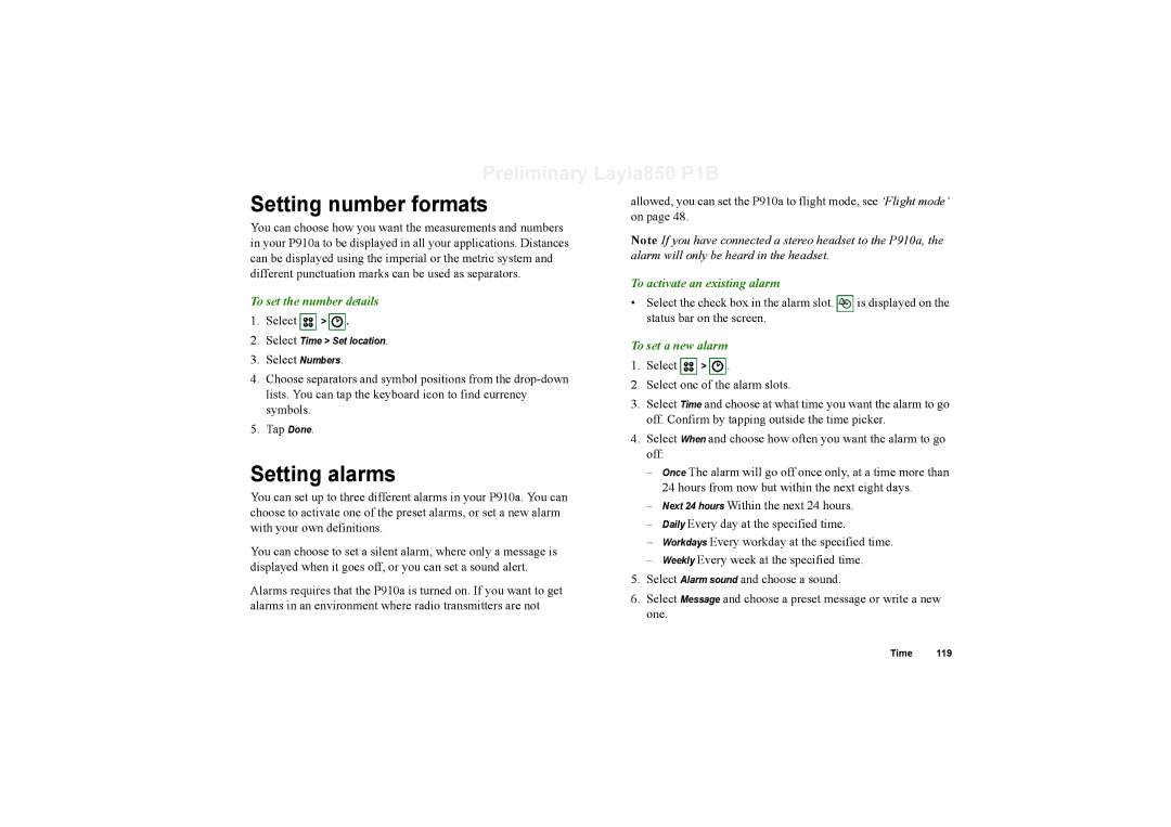 Sony Ericsson P910a manual Setting number formats, Setting alarms, To activate an existing alarm To set the number details 