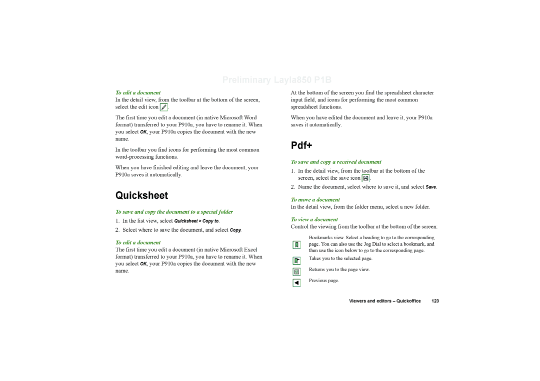 Sony Ericsson P910a manual Quicksheet, To edit a document, To save and copy a received document, To move a document 